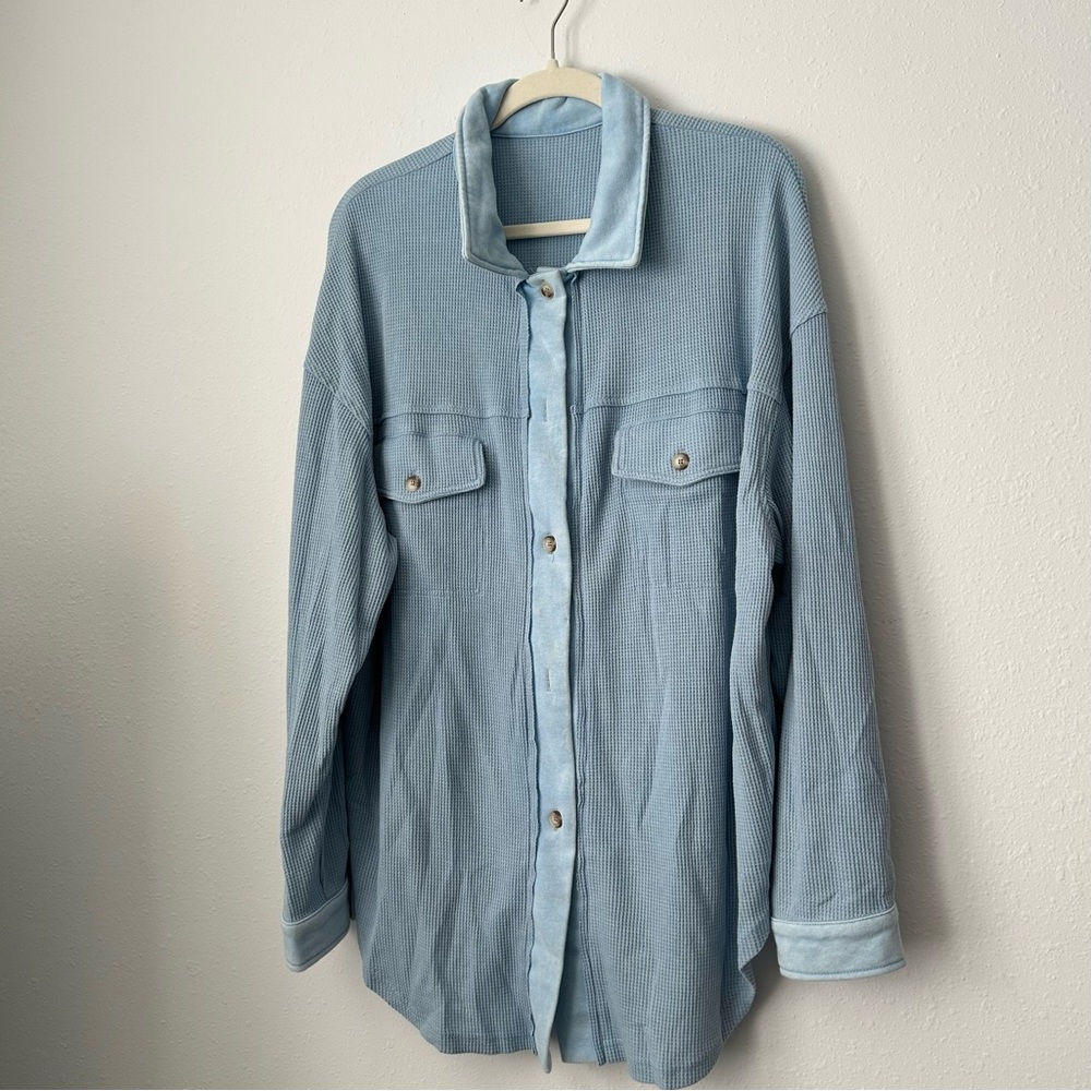 Sky Blue Waffle Knit Pocketed Button-Up Shacket - Picture 14 of 16